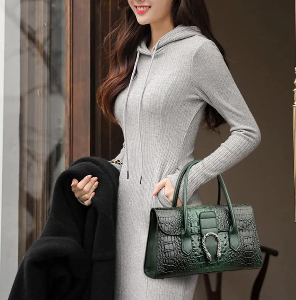 Crocodile Pattern Leather Top Handle Satchel Handbag for Women - Medium Fashion Ladies Shoulder Bag Tote Purse