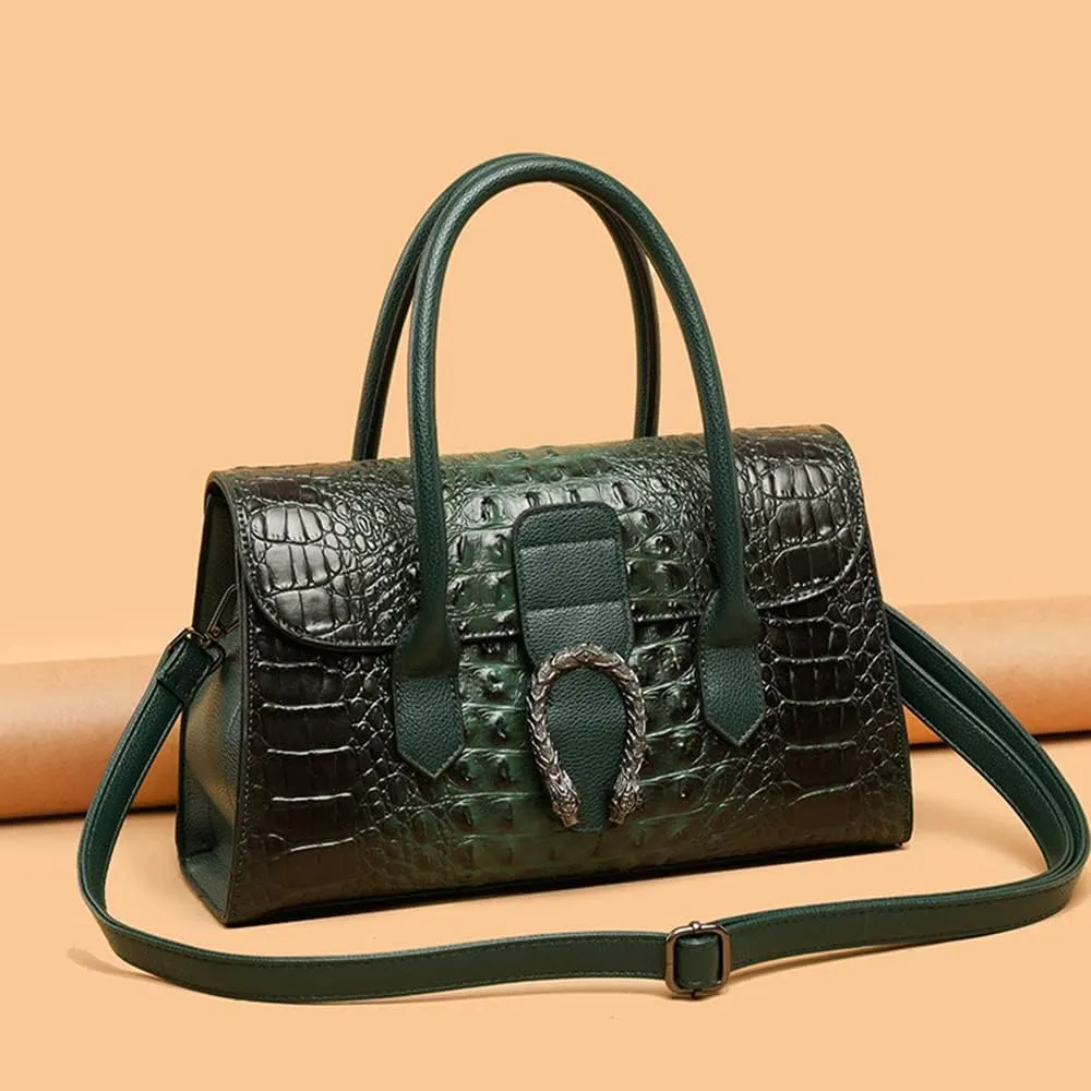 Crocodile Pattern Leather Top Handle Satchel Handbag for Women - Medium Fashion Ladies Shoulder Bag Tote Purse