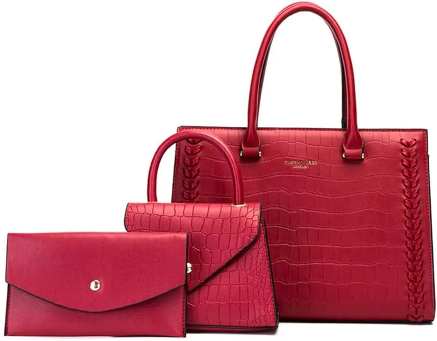 Crocodile Pattern Women Leather Satchel Handbag 3PCS Set - Stylish Top Handle Purse, Tote & Crossbody Bag for Ladies (Black)