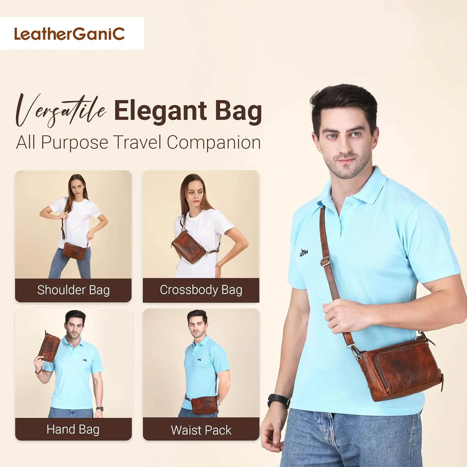 Crossbody Sling Bag for Men & Women Genuine Leather Shoulder Purse, Trendy Crossover Handbag Fanny Pack Waist Bags Organizer Stylish Multi Pocket Travel Gadget Holder for Daily Use
