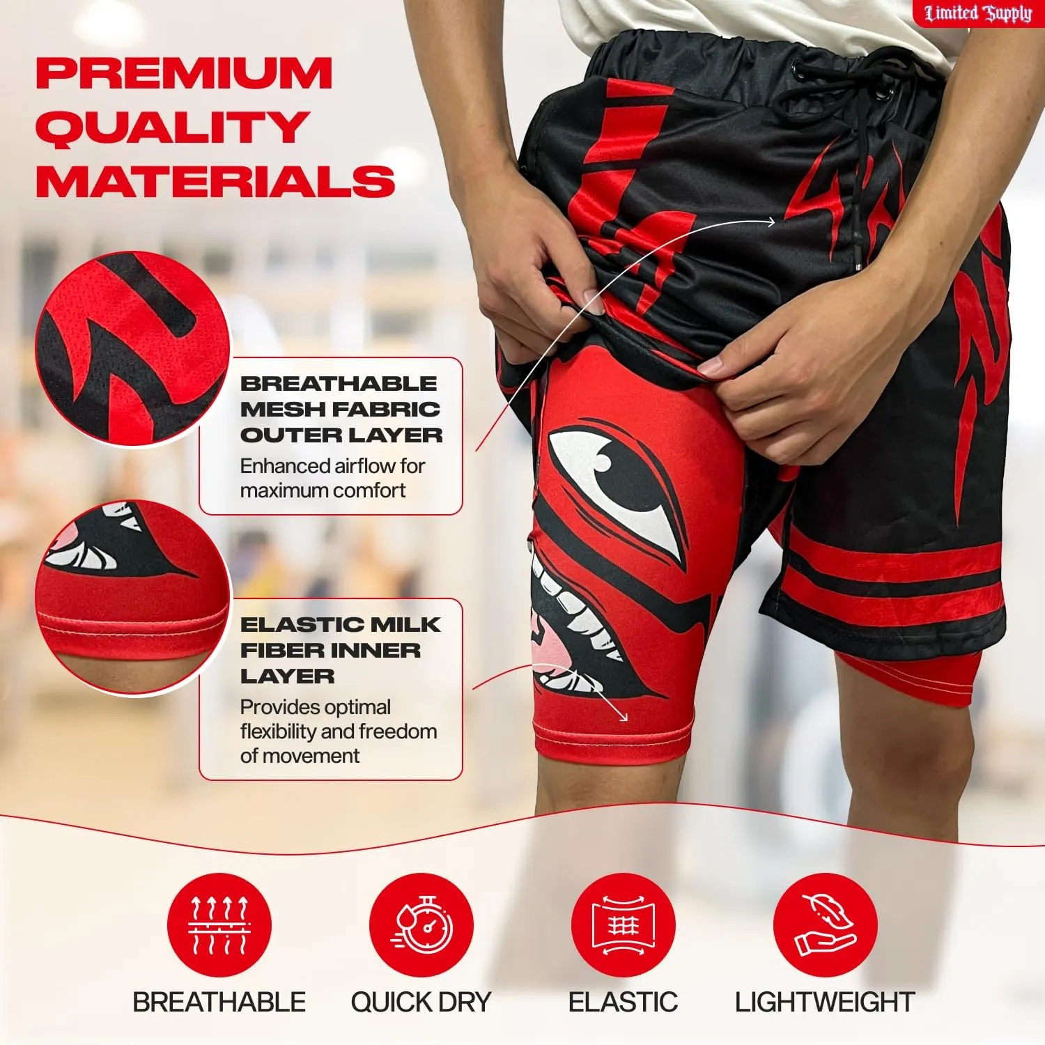 CROWN Anime Shorts - Breathable Stretch Compression Gym Mesh Short with Pockets and Towel Holder