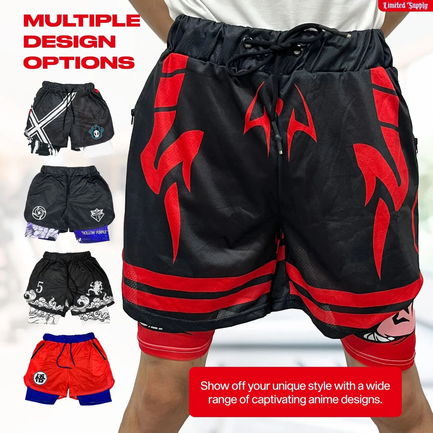 CROWN Anime Shorts - Breathable Stretch Compression Gym Mesh Short with Pockets and Towel Holder