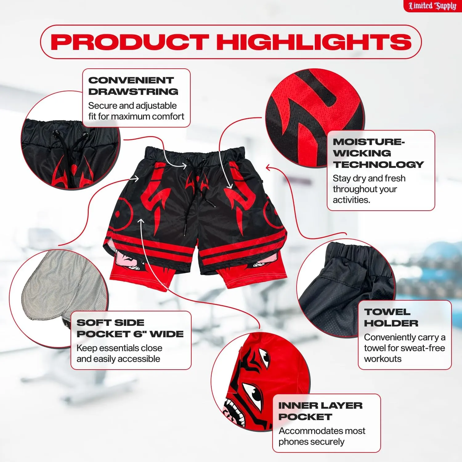 CROWN Anime Shorts - Breathable Stretch Compression Gym Mesh Short with Pockets and Towel Holder