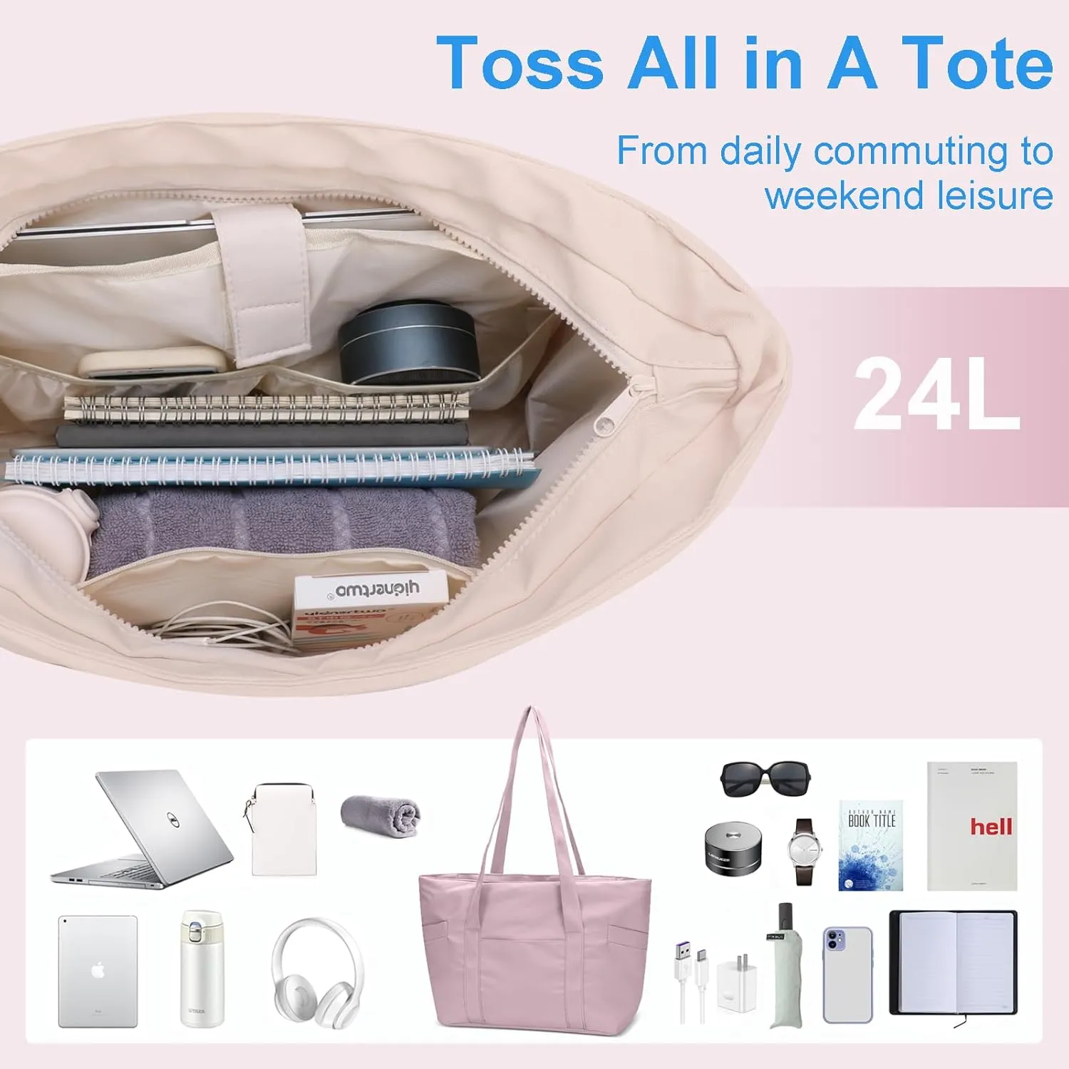 CTWWFS Tote Bag for Women, Travel Essentials Large Tote Bag with Zipper, Top Handle Handbag for Travel, Work
