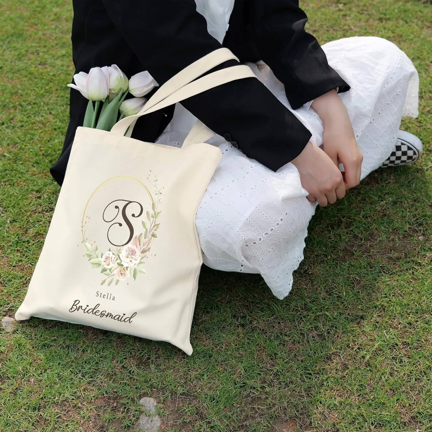Custom Canvas Tote Bag with Initial and Name Personalized Tote Bag Gift for Women&Girls Bridesmaid Gifts