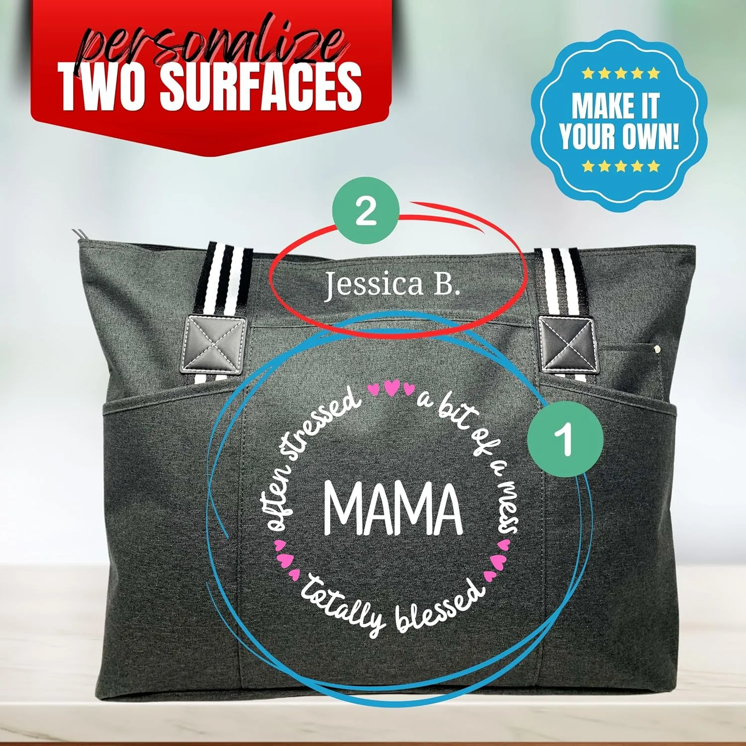 Custom-designed or personalized Brooke & Jess Designs Functional and Durable Tessa Work Bag Tote Bag with zipper and interior pockets (Black)