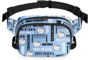 Custom Name Volleyball Waist Packs for Women Men, Personalized Fanny Pack Crossbody Belt Bag with Adjustable Strap for Sports Workout Traveling, Blue Purple