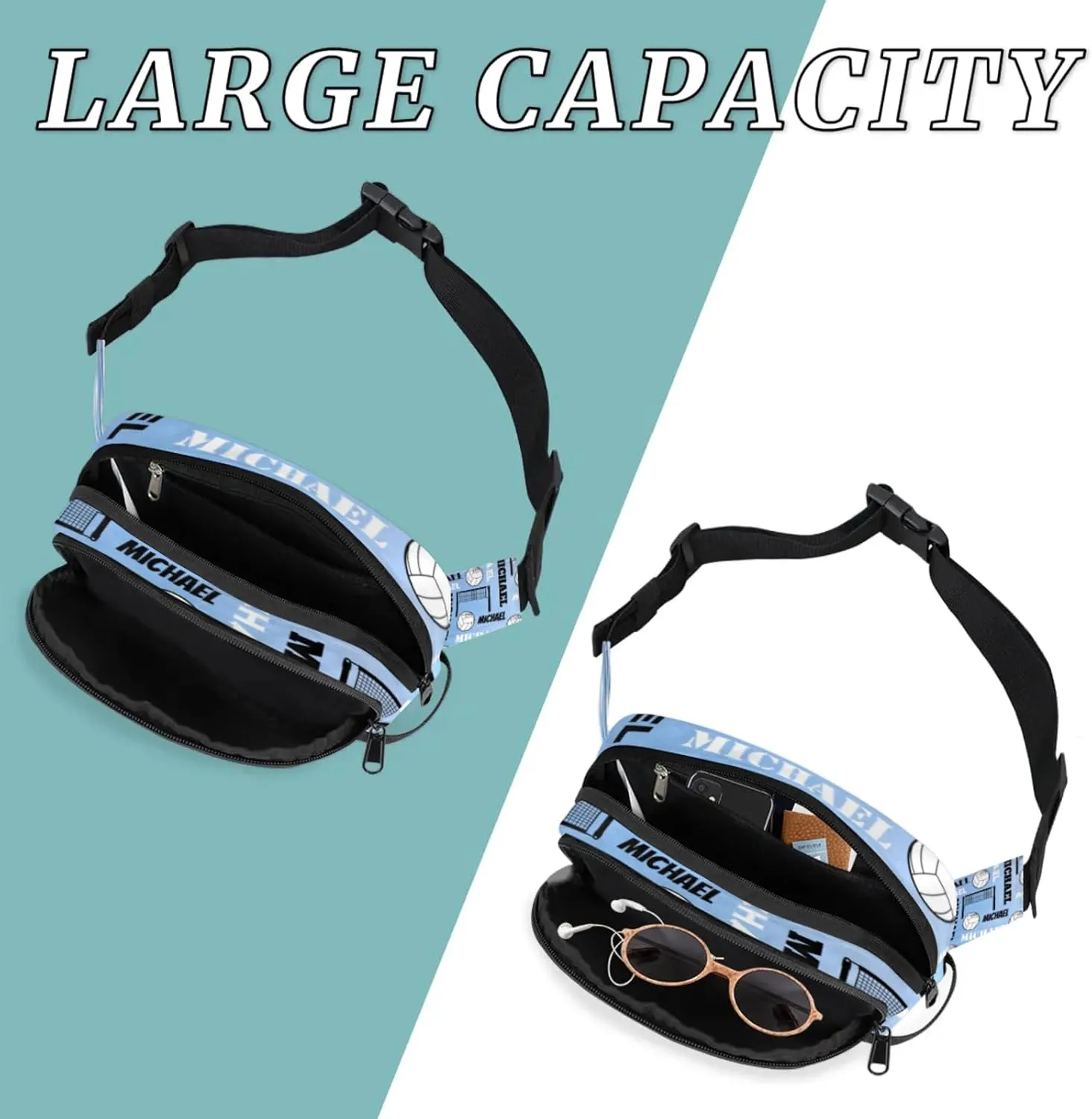 Custom Name Volleyball Waist Packs for Women Men, Personalized Fanny Pack Crossbody Belt Bag with Adjustable Strap for Sports Workout Traveling, Blue Purple