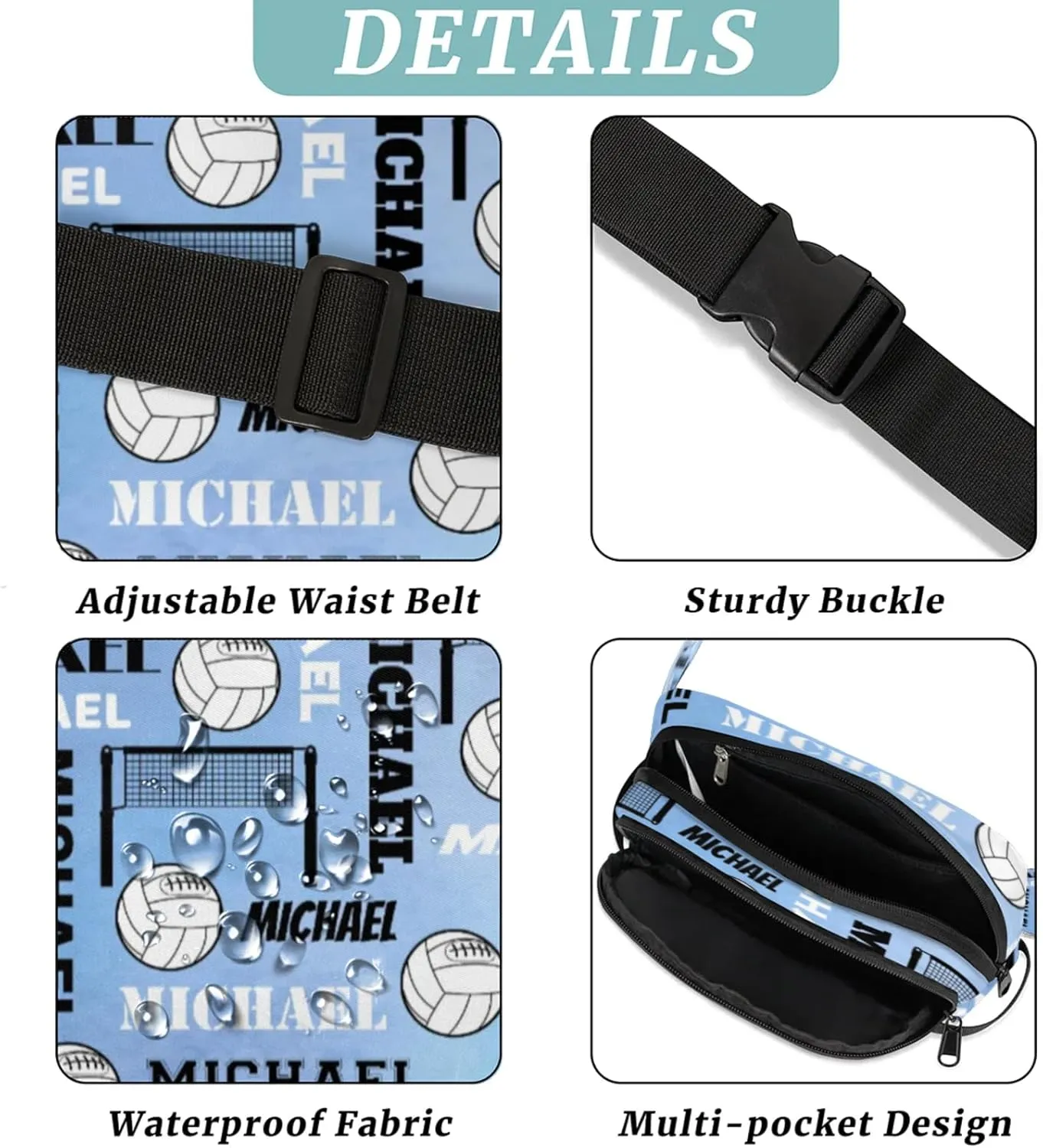 Custom Name Volleyball Waist Packs for Women Men, Personalized Fanny Pack Crossbody Belt Bag with Adjustable Strap for Sports Workout Traveling, Blue Purple