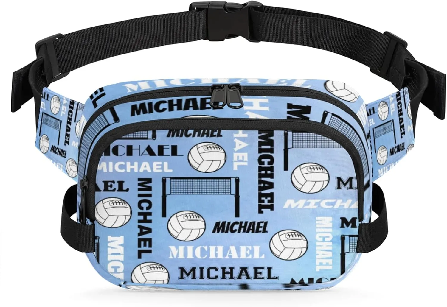 Custom Name Volleyball Waist Packs for Women Men, Personalized Fanny Pack Crossbody Belt Bag with Adjustable Strap for Sports Workout Traveling, Blue Purple