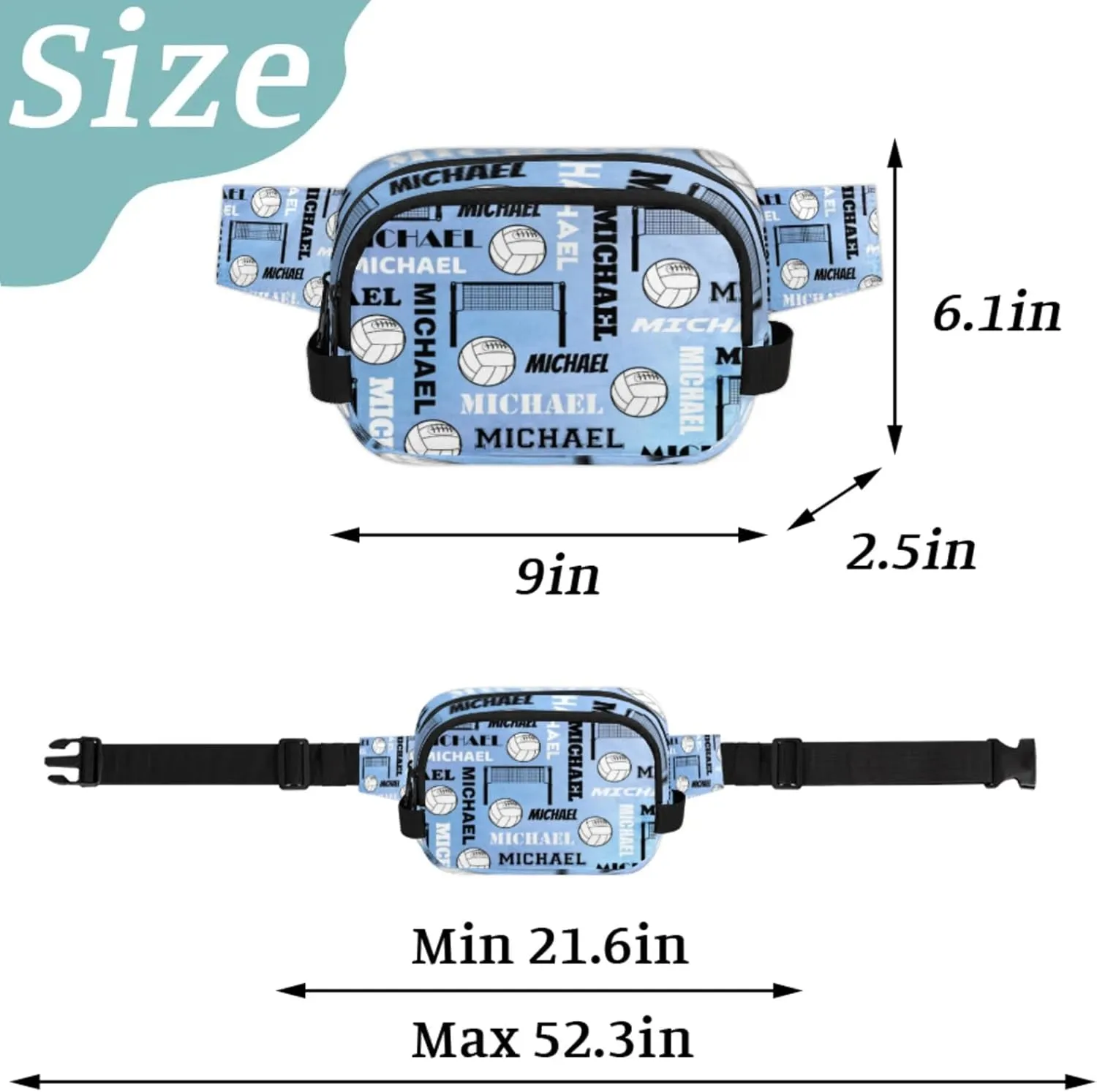 Custom Name Volleyball Waist Packs for Women Men, Personalized Fanny Pack Crossbody Belt Bag with Adjustable Strap for Sports Workout Traveling, Blue Purple