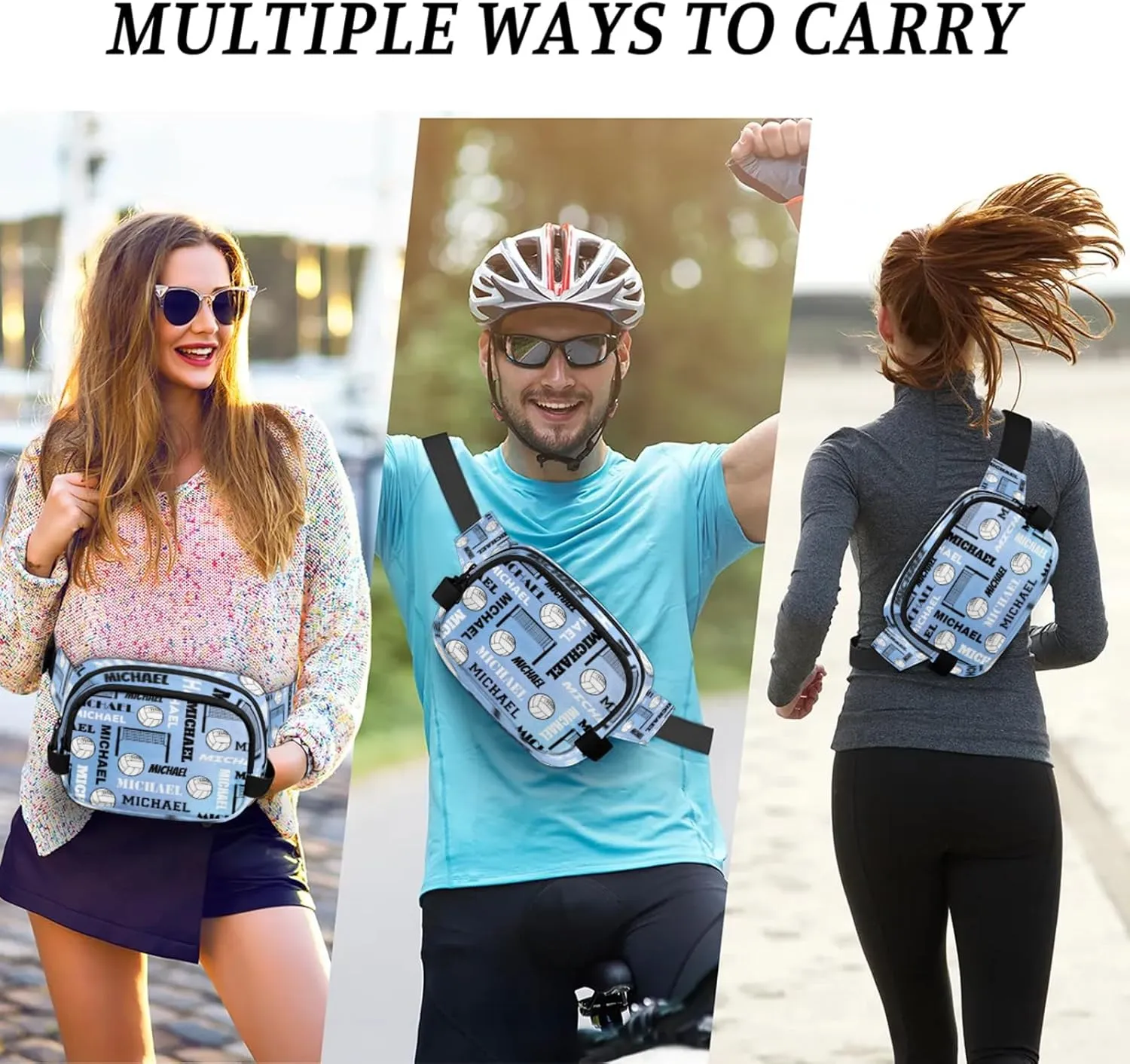 Custom Name Volleyball Waist Packs for Women Men, Personalized Fanny Pack Crossbody Belt Bag with Adjustable Strap for Sports Workout Traveling, Blue Purple
