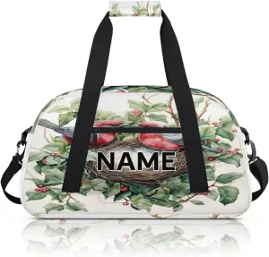 Custom Spring Vintage Watercolor Birds Small Gym Bag 18 inch for Women Men Personalized Green Plants Carry On Overnight Weekender Bag for Travel Work Dance Sport
