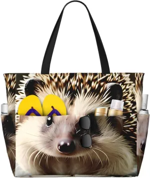 Cute hedgehog Print 28L Beach Tote Bag, Water-resistant Travel Tote, Lightweight Gym & Camping Carryall