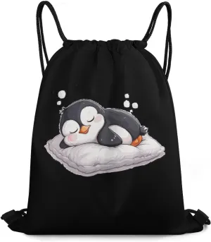 Cute Penguin Sleeping Travel Drawstring Bag Waterproof String Backpack Gym Sackpack Sport Bag