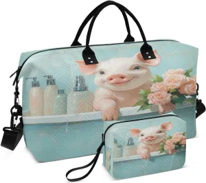 Cute Pig Bathtub Sports Gym Bag for Women Men Travel Duffel Bag Weekend Overnight Carry on Bag with Toiletry Bag Training Handbag for Workout Swimming Yoga Plane Hospital