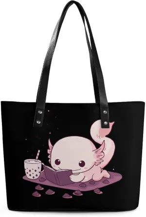 Cute Relaxed Axolotl Women's Tote Shoulder Bag Handbag Top Handle Leather 29 * 34 * 14cm