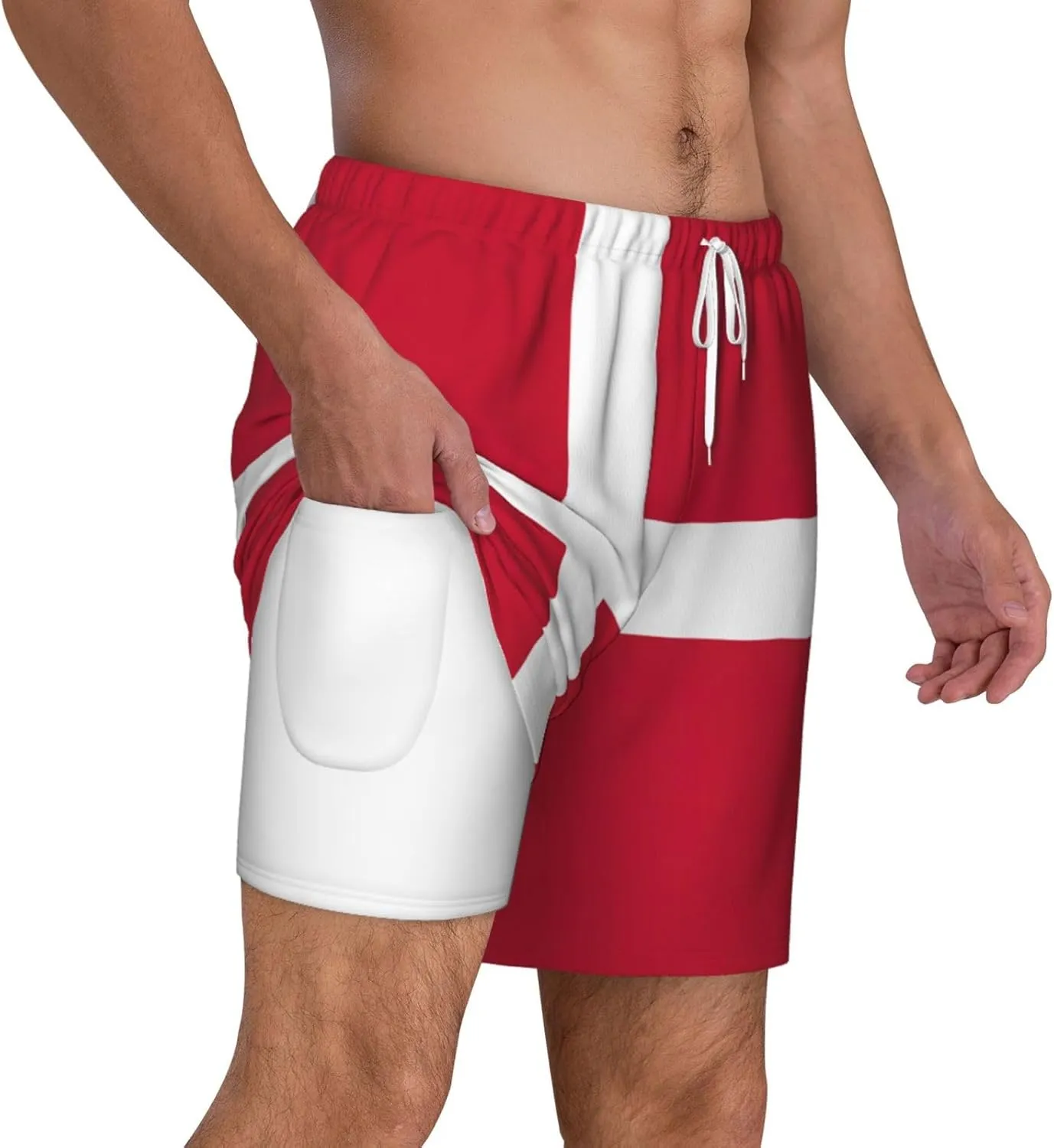 Danish Flag Print Men's Double Layer Swim Shorts, Gym Workout Shorts with Pocket