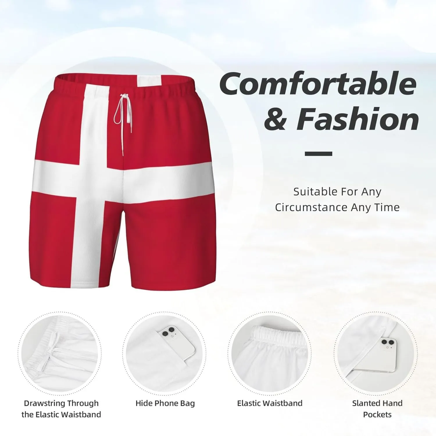Danish Flag Print Men's Double Layer Swim Shorts, Gym Workout Shorts with Pocket