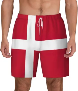 Danish Flag Print Men's Double Layer Swim Shorts, Gym Workout Shorts with Pocket