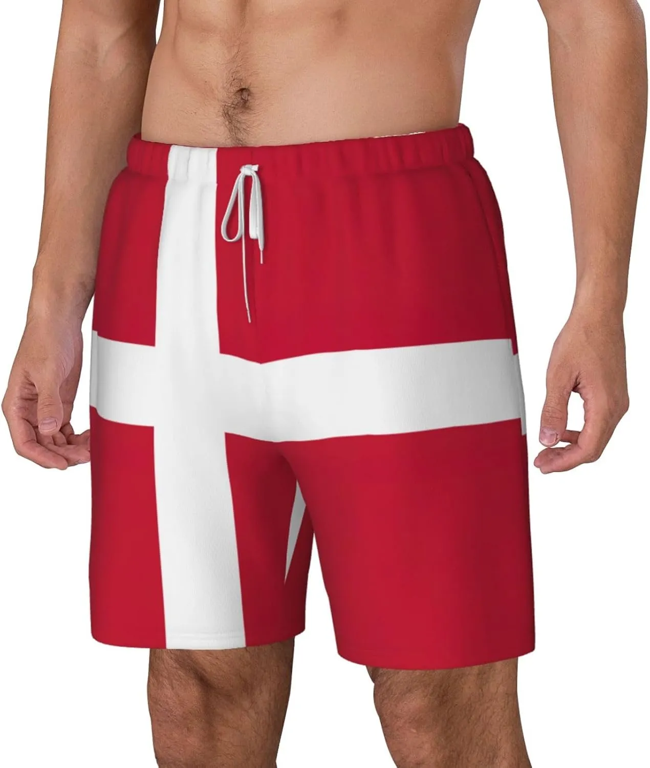 Danish Flag Print Men's Double Layer Swim Shorts, Gym Workout Shorts with Pocket