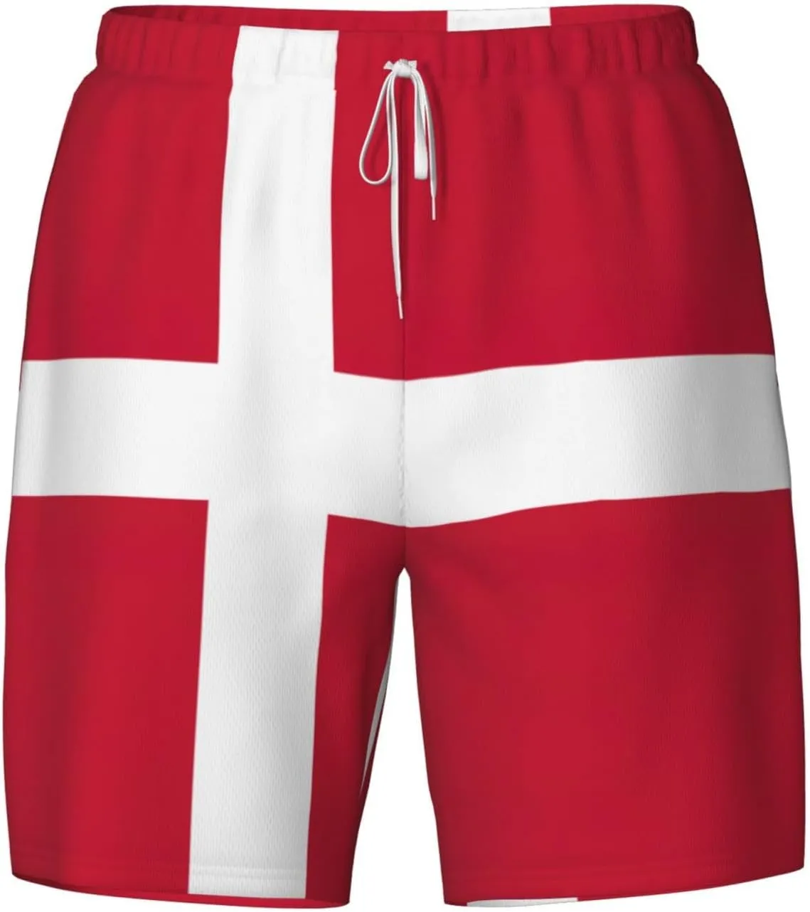 Danish Flag Print Men's Double Layer Swim Shorts, Gym Workout Shorts with Pocket