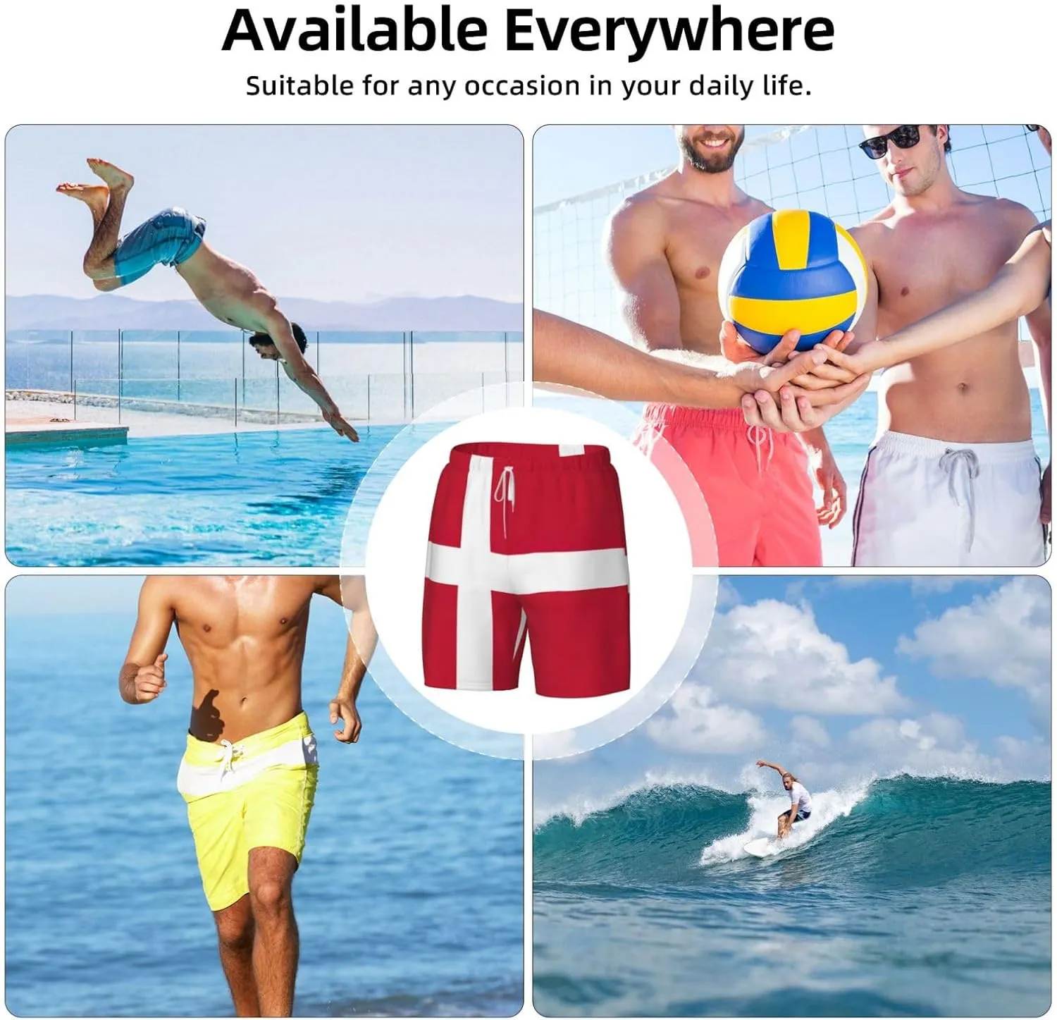 Danish Flag Print Men's Double Layer Swim Shorts, Gym Workout Shorts with Pocket