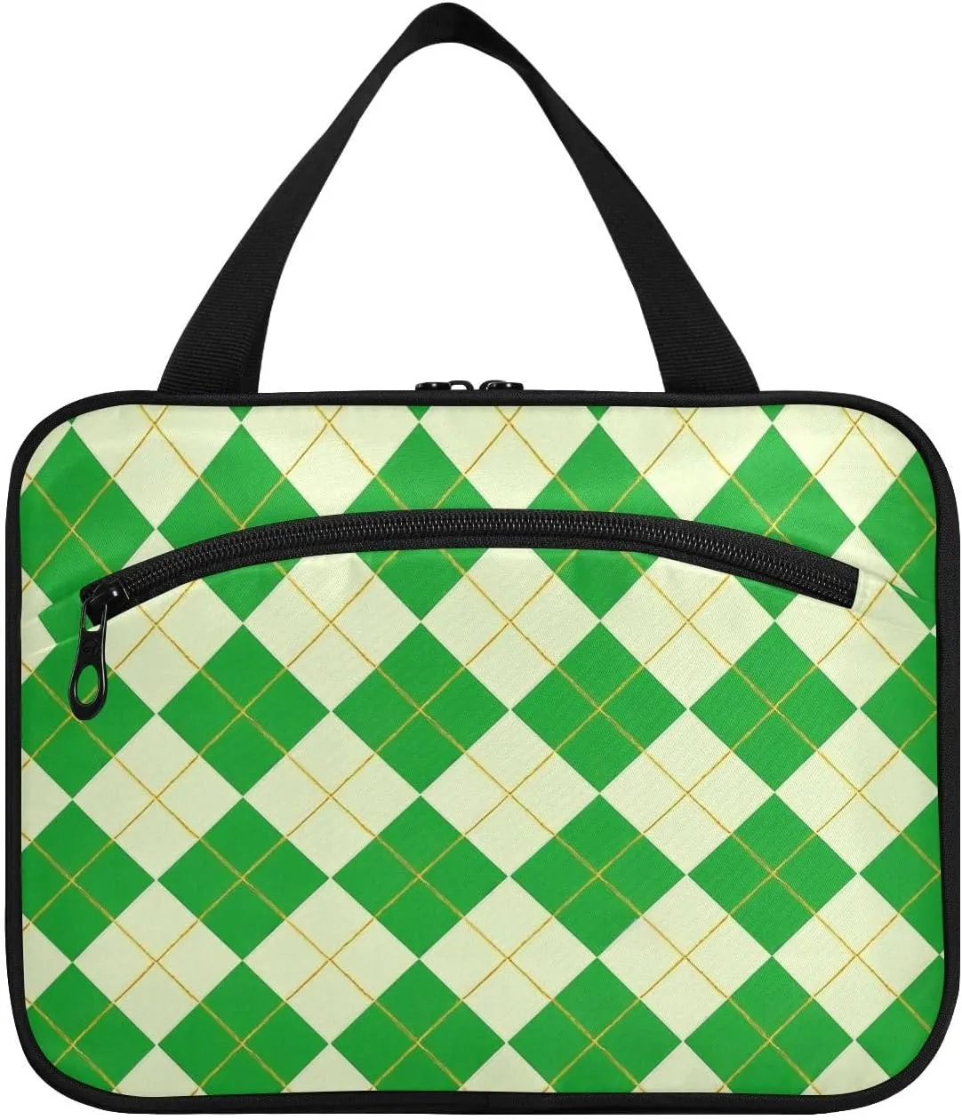 Dark Green Checkered Plaid Buffalo Gold hanging travel bag for women with hook, designer expandable toiletries bag for women must bathroom bolsas para maquillaje