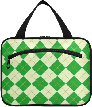 Dark Green Checkered Plaid Buffalo Gold hanging travel bag for women with hook, designer expandable toiletries bag for women must bathroom bolsas para maquillaje