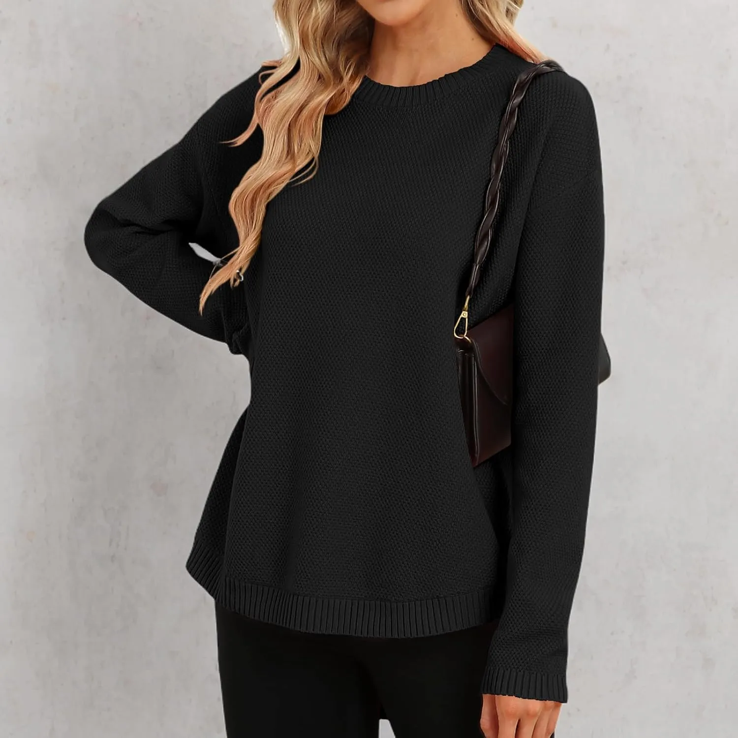DB MOON Women Crewneck Long Sleeve Knitted Sweater 2025 Loose Fit Soft Solid Pullover