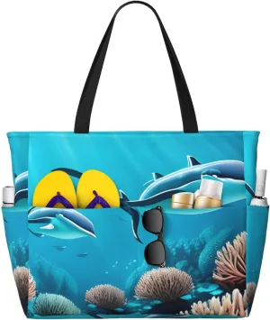 Deep Sea Whales Print 28L Beach Tote Bag, Water-resistant Travel Tote, Lightweight Gym & Camping Carryall
