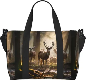Deers Picture Print Tote Crossbody Travel Bag with Zip Casual Handbag for Weekend Trips and Gym Shopping, Black, One Size, Travel Tote