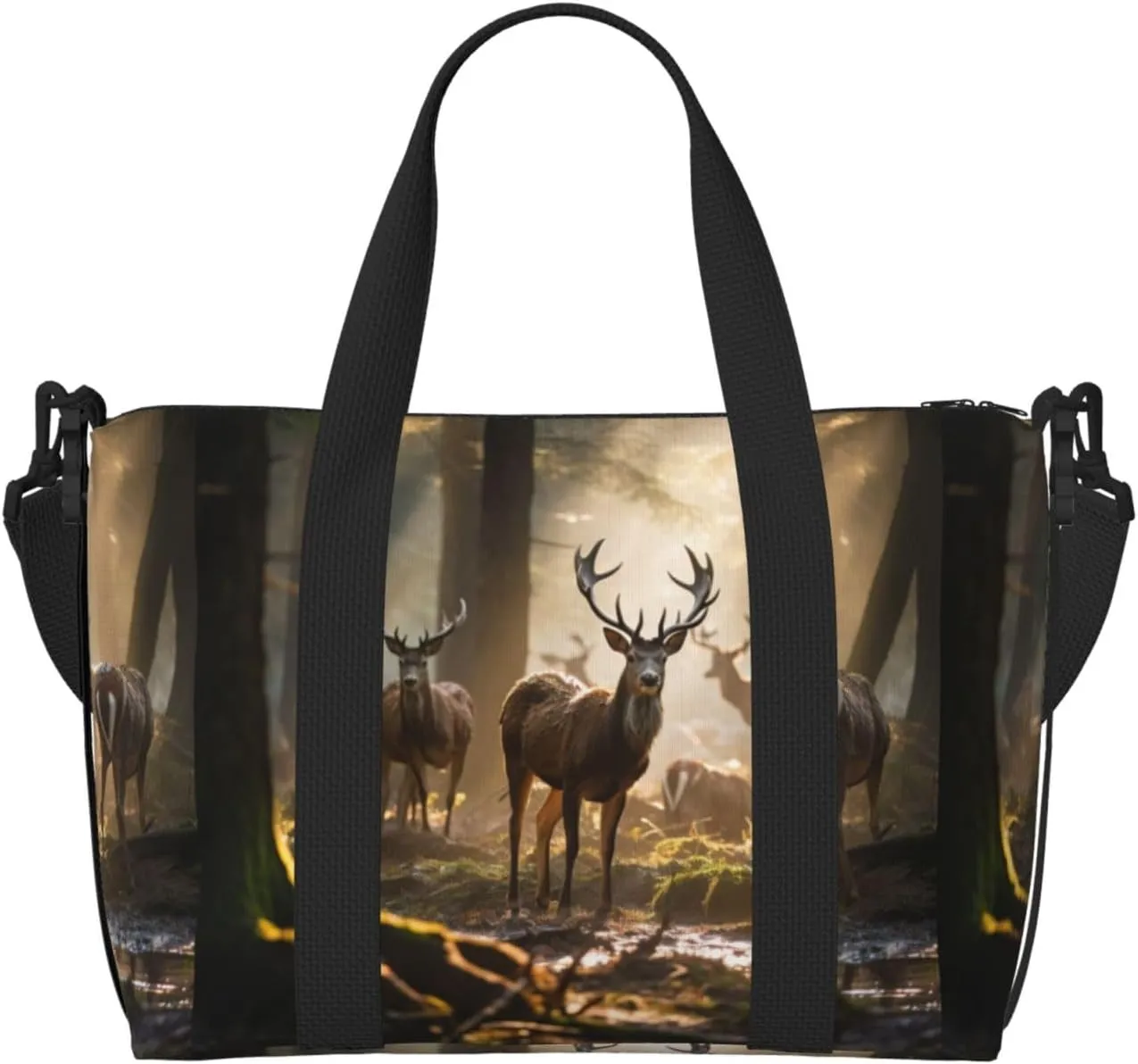 Deers Picture Print Tote Crossbody Travel Bag with Zip Casual Handbag for Weekend Trips and Gym Shopping, Black, One Size, Travel Tote