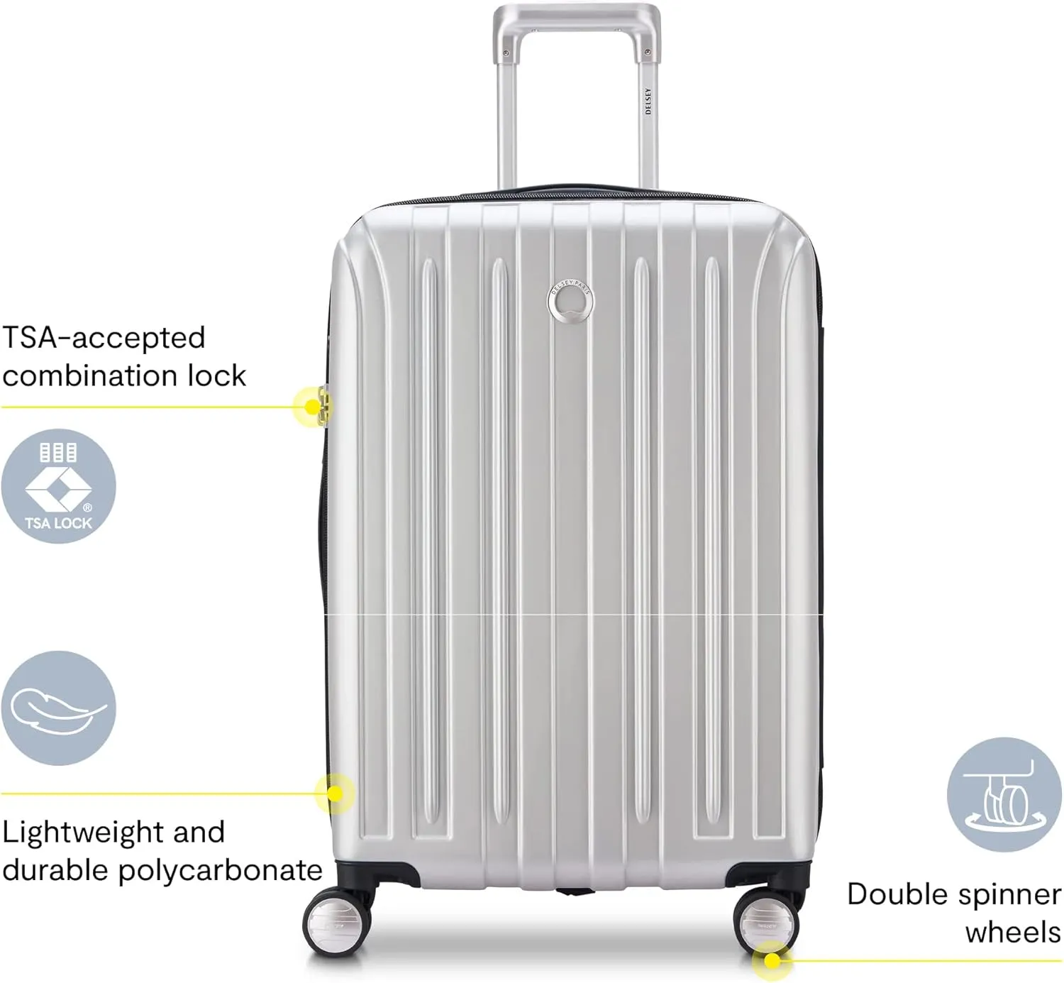 DELSEY PARIS Titanium Hardside Expandable Luggage with Spinner Wheels Carry-On Luggage, Silver, Carry-On 21 Inch