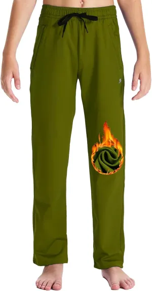 DEVOROPA Youth Boys' Fleece Lined Sweatpants Open Bottom Water Resistant Winter Thermal Track Athletic Pants Zipper Pockets