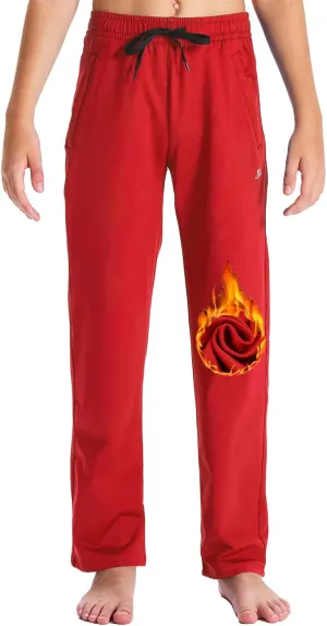 DEVOROPA Youth Boys' Fleece Lined Sweatpants Open Bottom Water Resistant Winter Thermal Track Athletic Pants Zipper Pockets