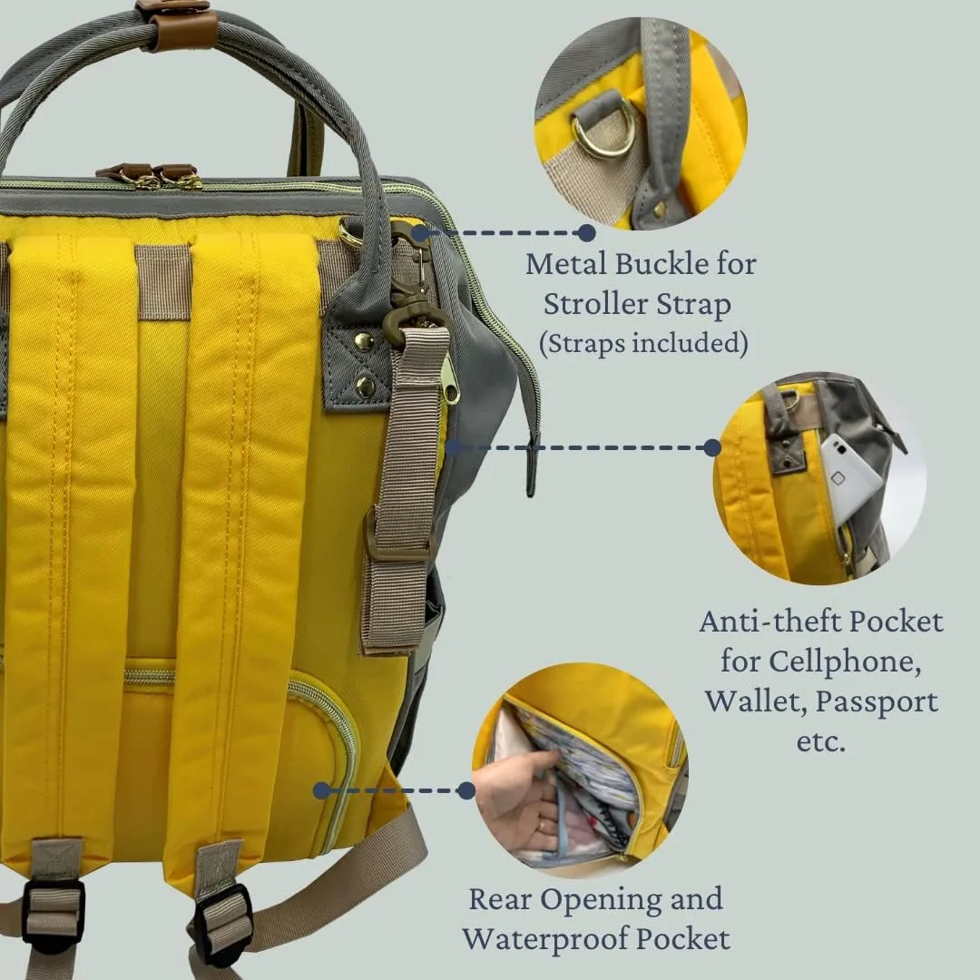 Diaper Bag Backpack, Large Capacity, Shower gift, Water Resistant, Tote, Travel Bag & FREE Accessories (Yellow-Gray)