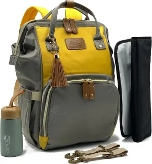 Diaper Bag Backpack, Large Capacity, Shower gift, Water Resistant, Tote, Travel Bag & FREE Accessories (Yellow-Gray)
