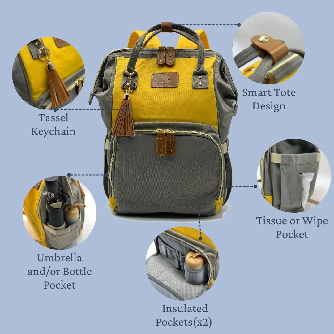 Diaper Bag Backpack, Large Capacity, Shower gift, Water Resistant, Tote, Travel Bag & FREE Accessories (Yellow-Gray)