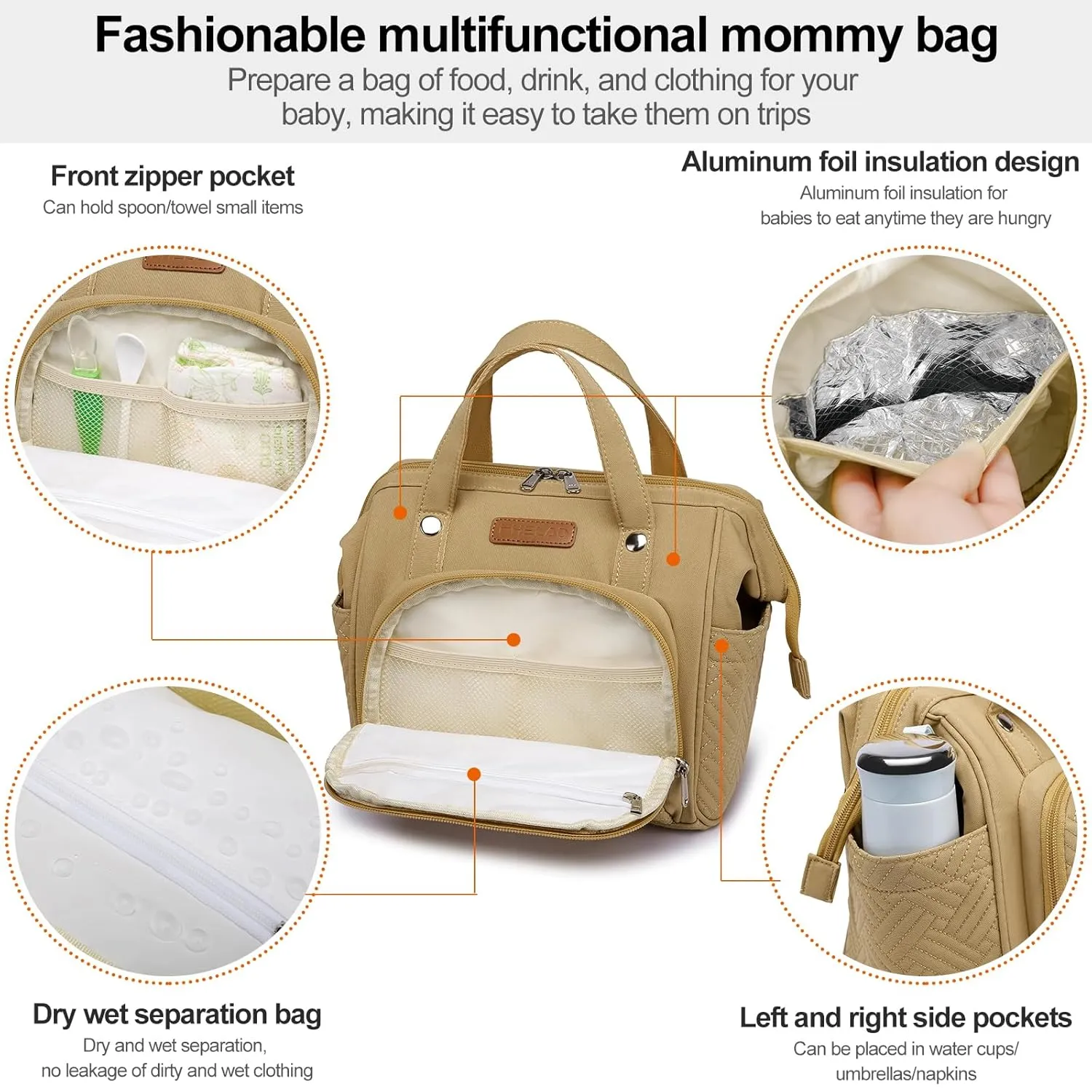 Diaper Bag Small Diaper Backpack, Waterproof Multi-Function Newborn Baby Stylish Mini Tote Maternity Bags Travel Backpacks with Insulated Pockets, Light Brown