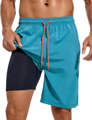 difficort Mens Swim Trunks Quick Dry Bathing Suit 9 inch Inseam Board Shorts with Compression Liner and Zipper Pocket