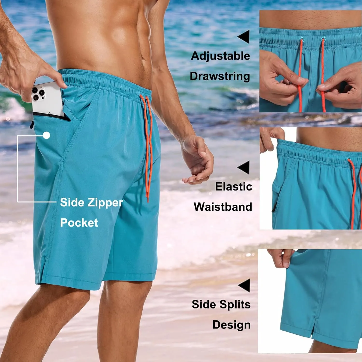 difficort Mens Swim Trunks Quick Dry Bathing Suit 9 inch Inseam Board Shorts with Compression Liner and Zipper Pocket