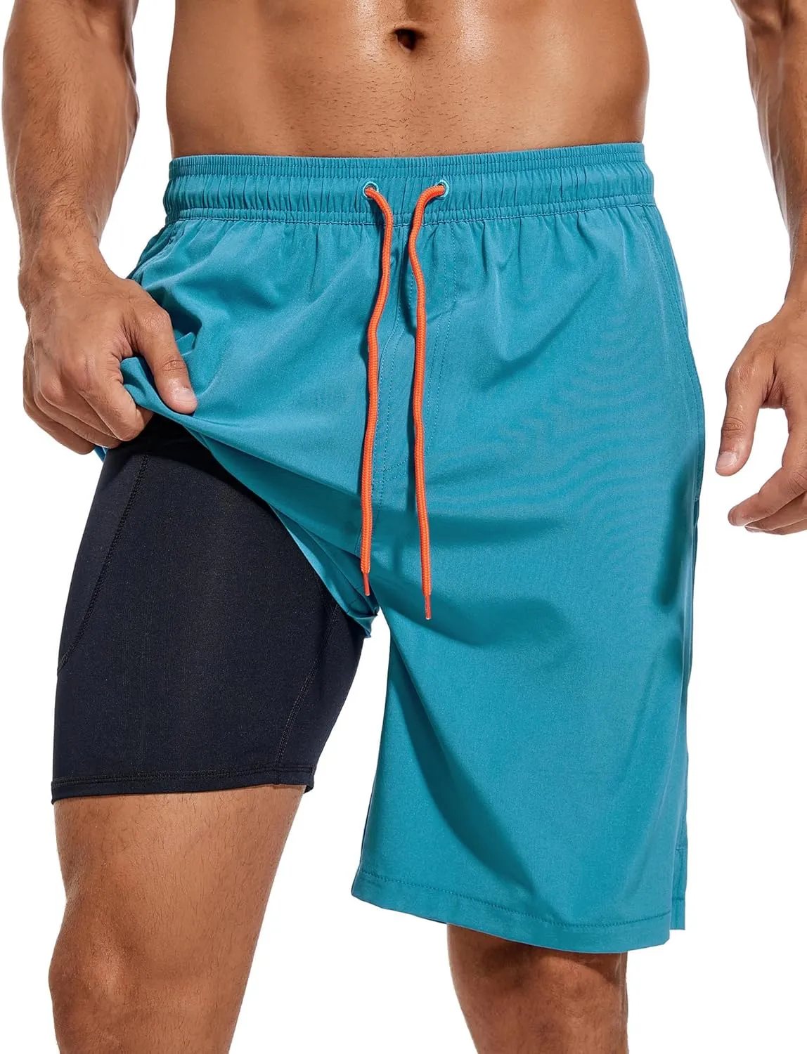 difficort Mens Swim Trunks Quick Dry Bathing Suit 9 inch Inseam Board Shorts with Compression Liner and Zipper Pocket