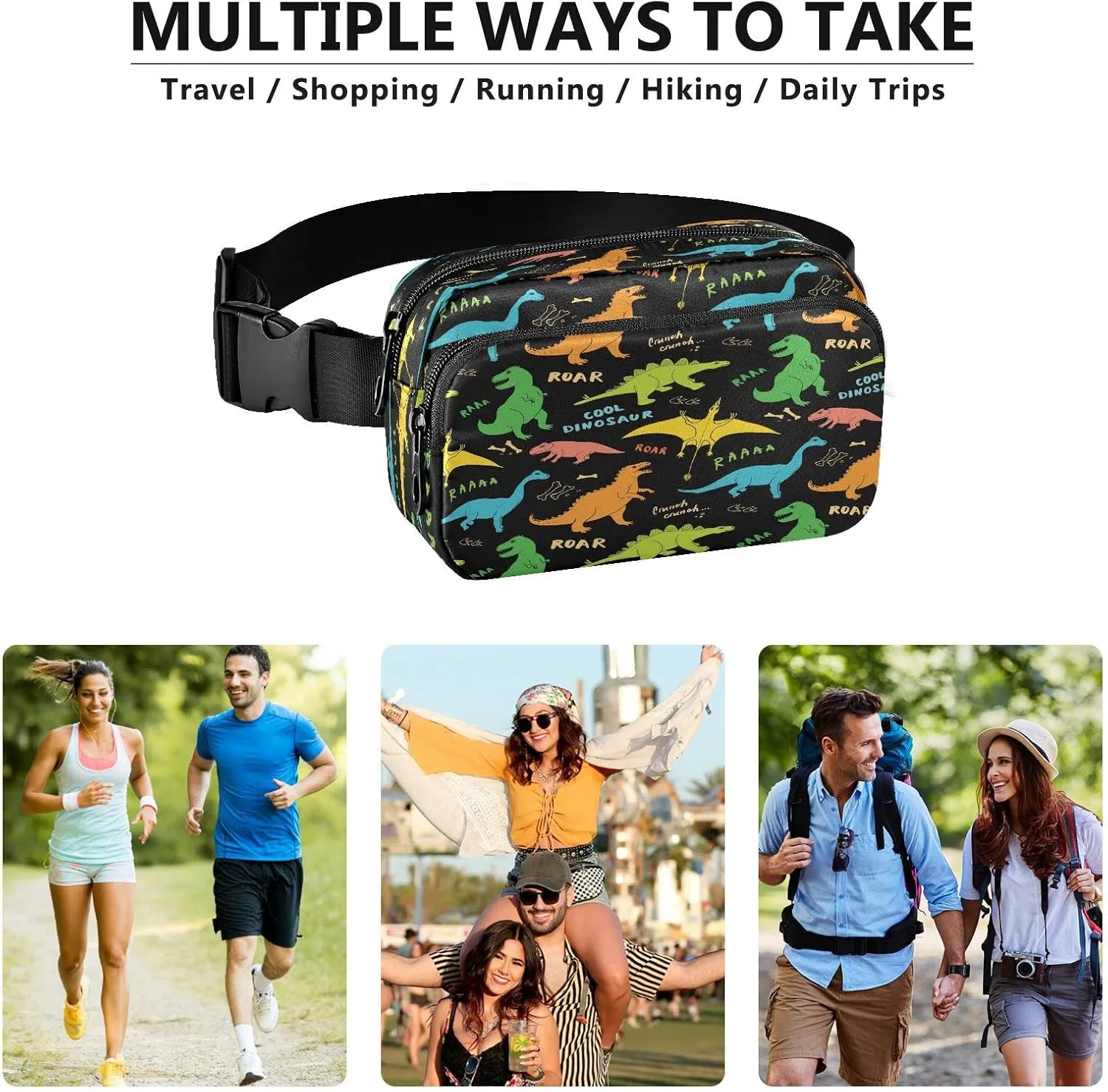 Dinosaur Belt Bag Fanny Pack Crossbody Bags for Women Men Dinosaur Belt Bag Crossbody Waterproof Fashion Waist Packs Unisex with Adjustable Strap for Running Workout Travel Hiking
