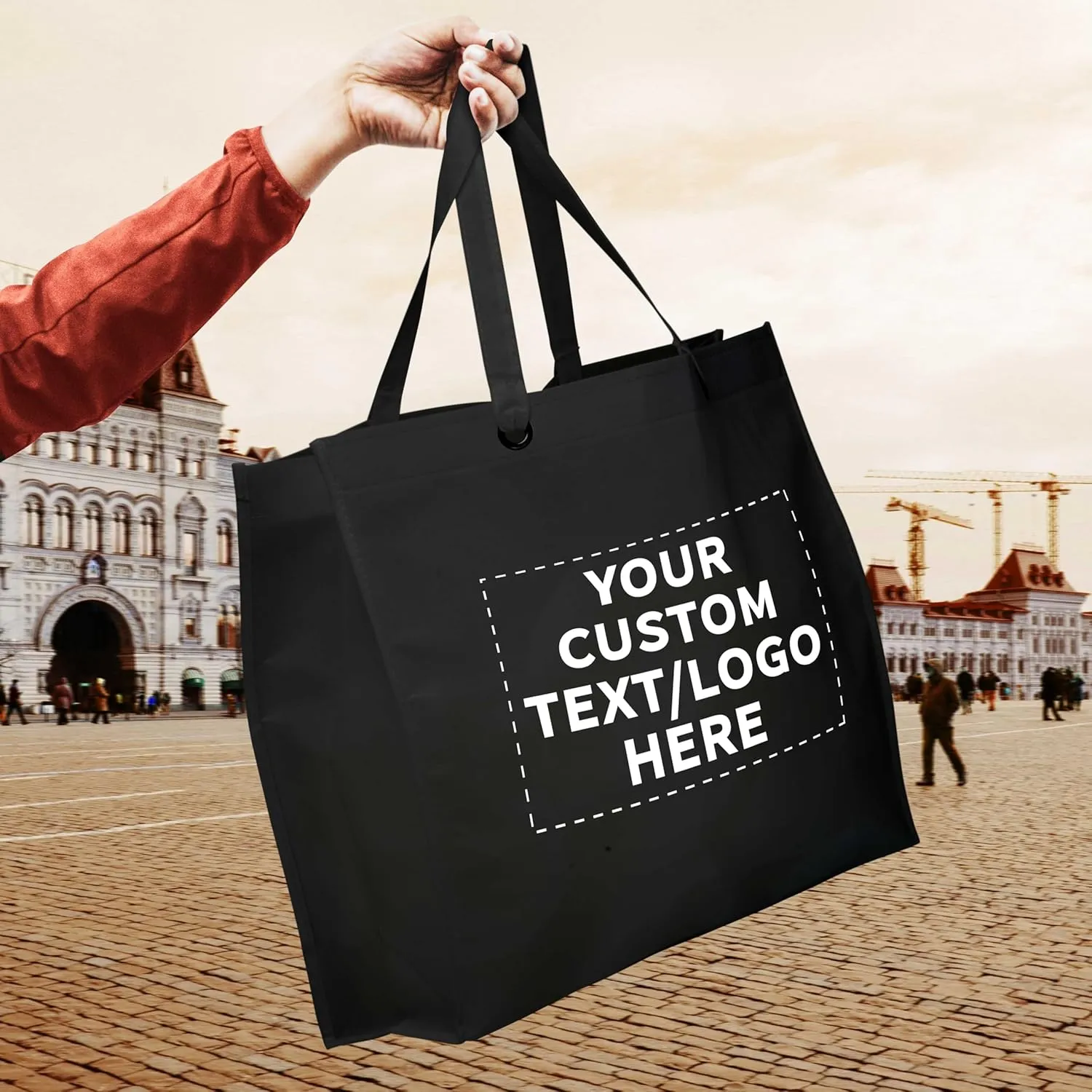 DISCOUNT PROMOS Custom Reusable Shopping Tote Bags - 10 Pack - Personalized Logo, Text - Canvas Cloth Grocery Shopping Bags - Black