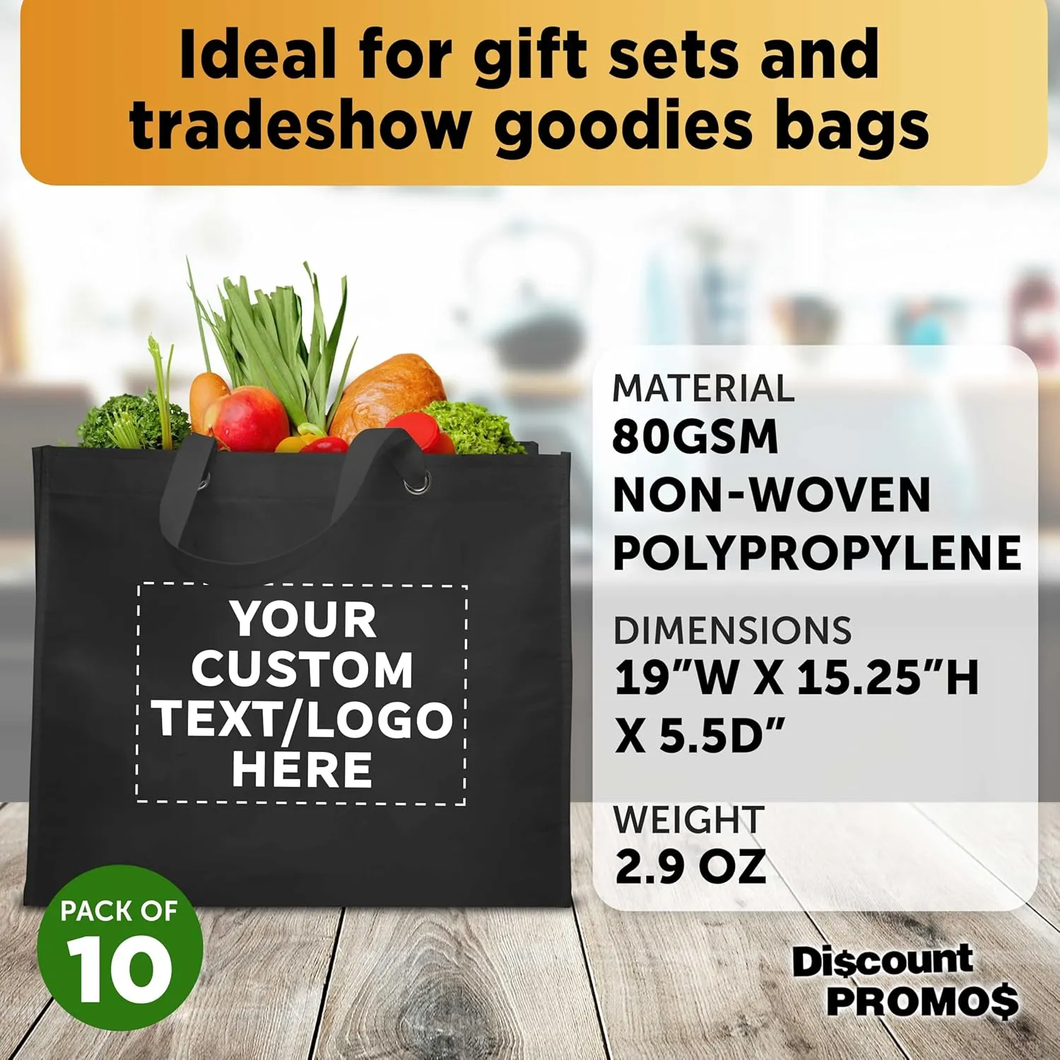 DISCOUNT PROMOS Custom Reusable Shopping Tote Bags - 10 Pack - Personalized Logo, Text - Canvas Cloth Grocery Shopping Bags - Black