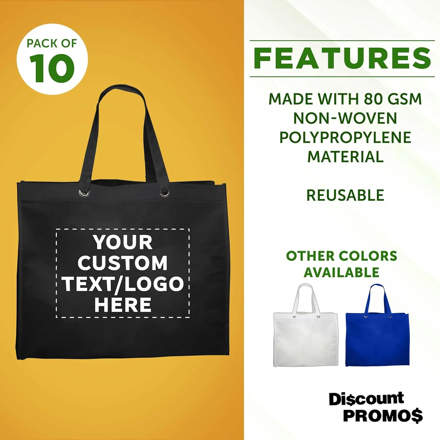 DISCOUNT PROMOS Custom Reusable Shopping Tote Bags - 10 Pack - Personalized Logo, Text - Canvas Cloth Grocery Shopping Bags - Black