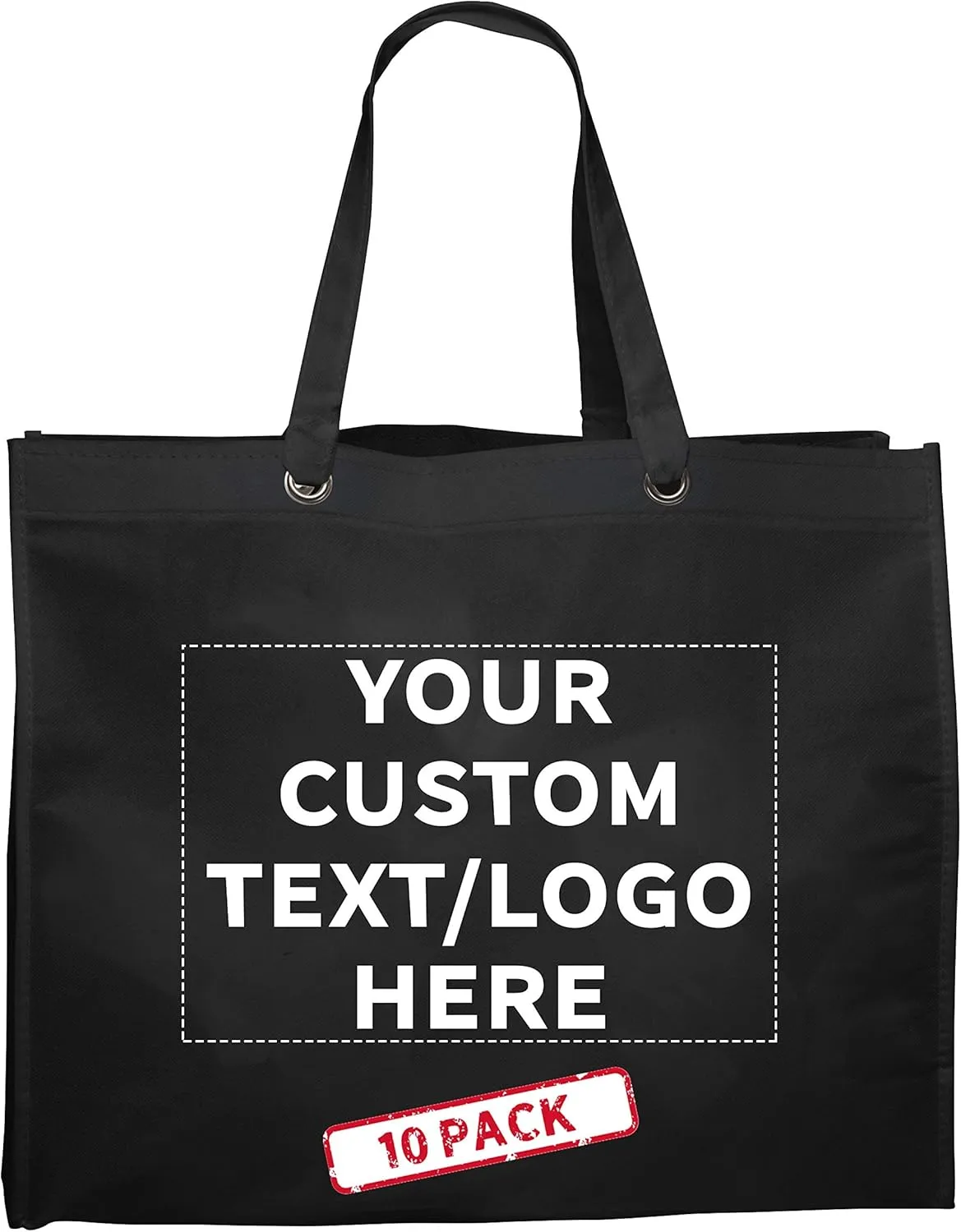 DISCOUNT PROMOS Custom Reusable Shopping Tote Bags - 10 Pack - Personalized Logo, Text - Canvas Cloth Grocery Shopping Bags - Black