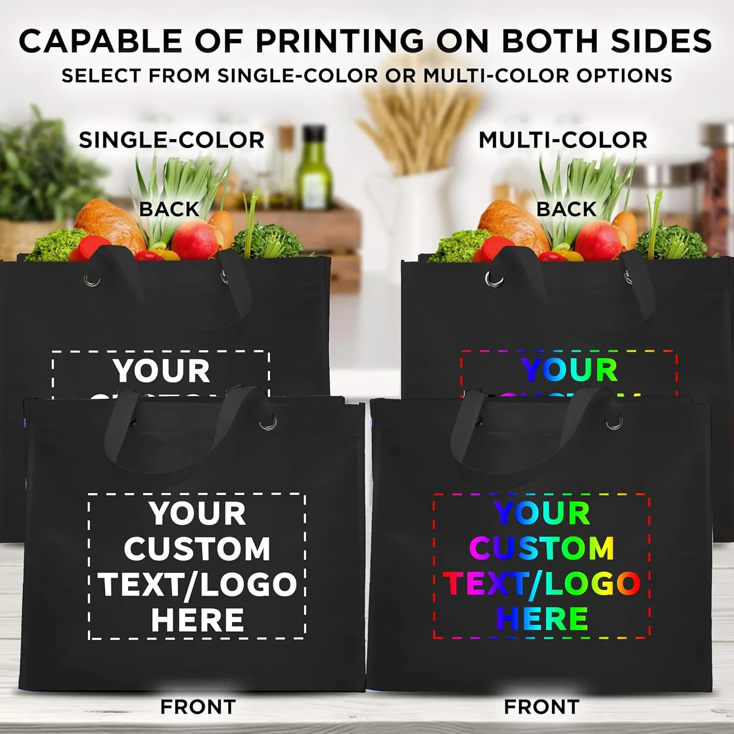 DISCOUNT PROMOS Custom Reusable Shopping Tote Bags - 10 Pack - Personalized Logo, Text - Canvas Cloth Grocery Shopping Bags - Black