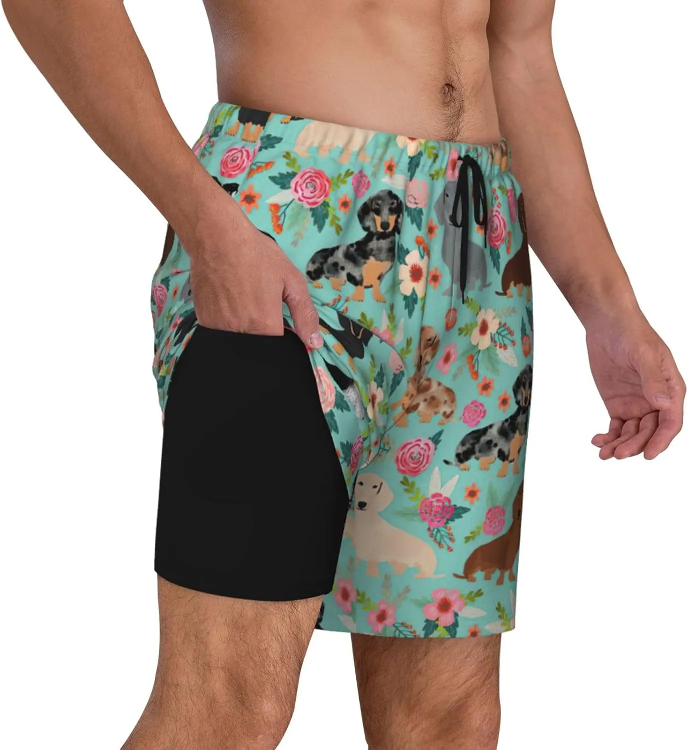 Dog Floral Print Men's Double Layer Swim Shorts, Gym Workout Shorts with Pocket